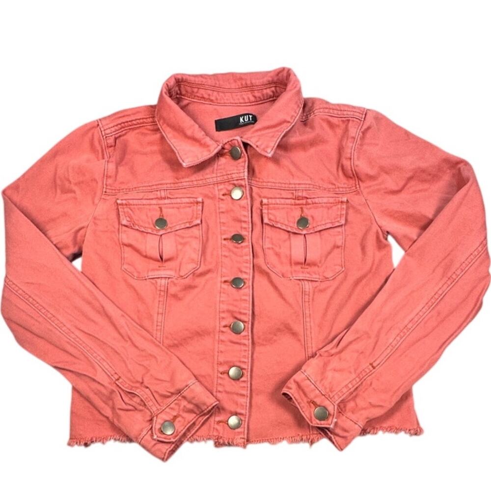 KUT from the Kloth Denim Jacket Coral Pink Raw Hem Cotton Size M